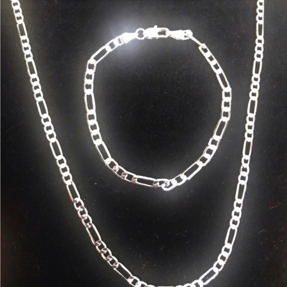 24” Sterling Silver Figaro Chain Necklace and 7.5” Bracelet Set